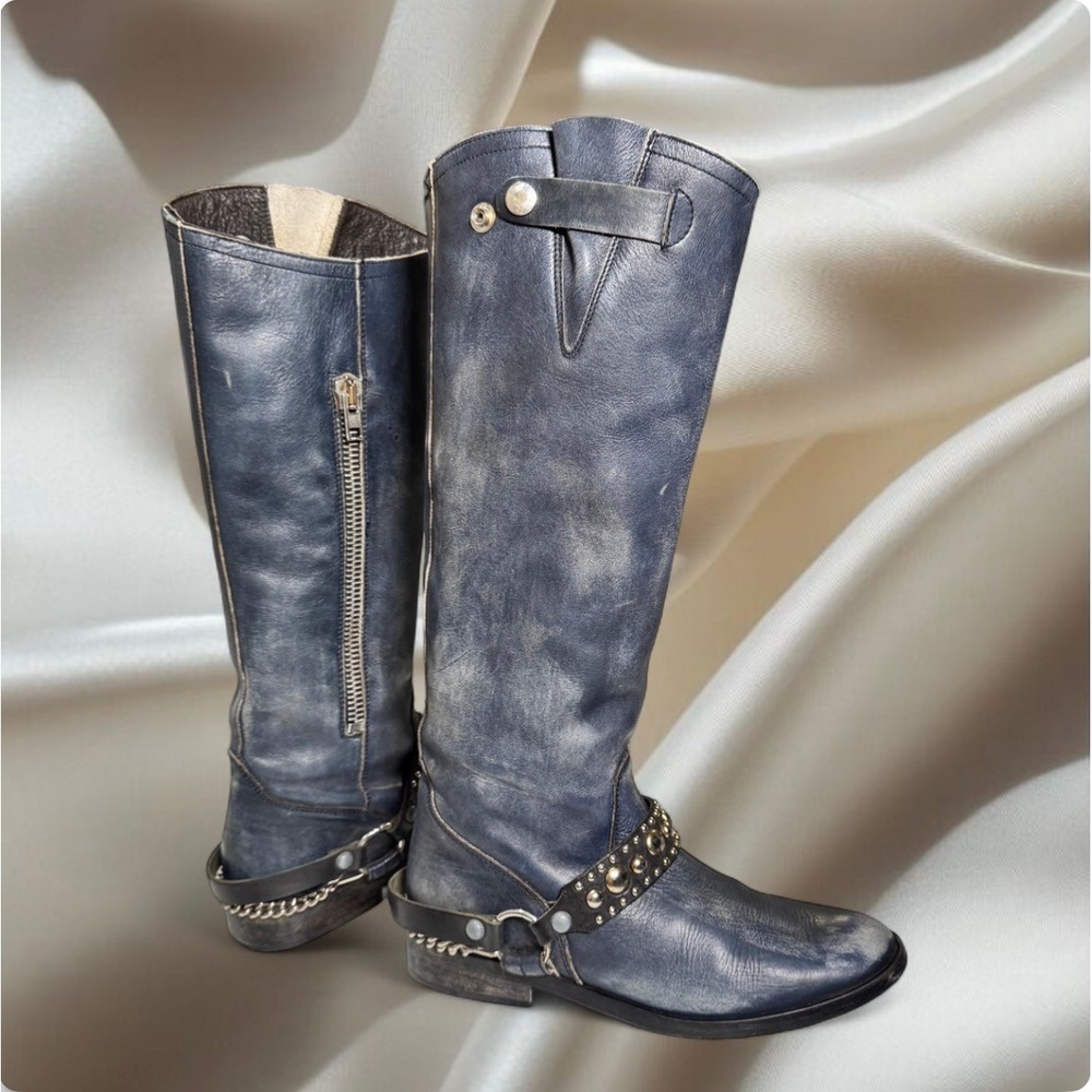 Golden Goose Deluxe Studded Harness Blue Leather Rare Italy Tall Biker Boots 37